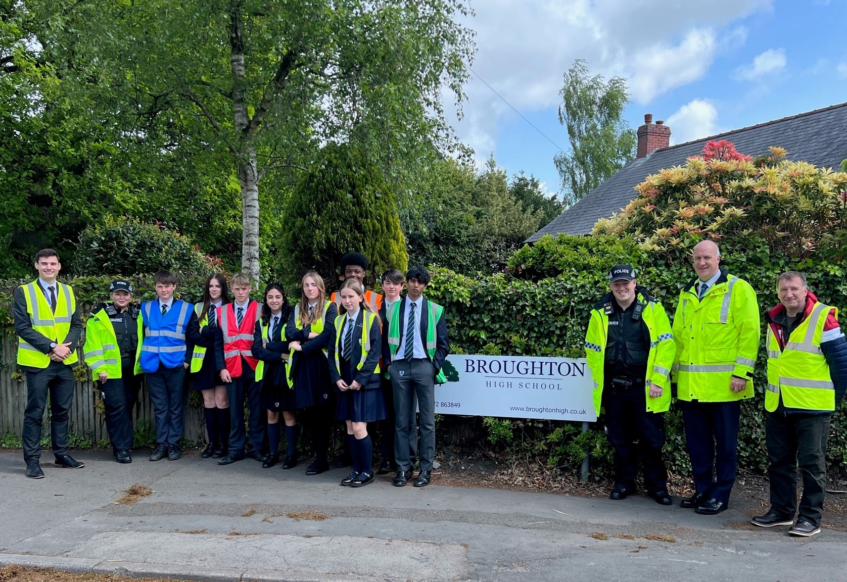 Deputy PCC Andy Pratt MBE with officers, teachers and pupils at Broughton High School